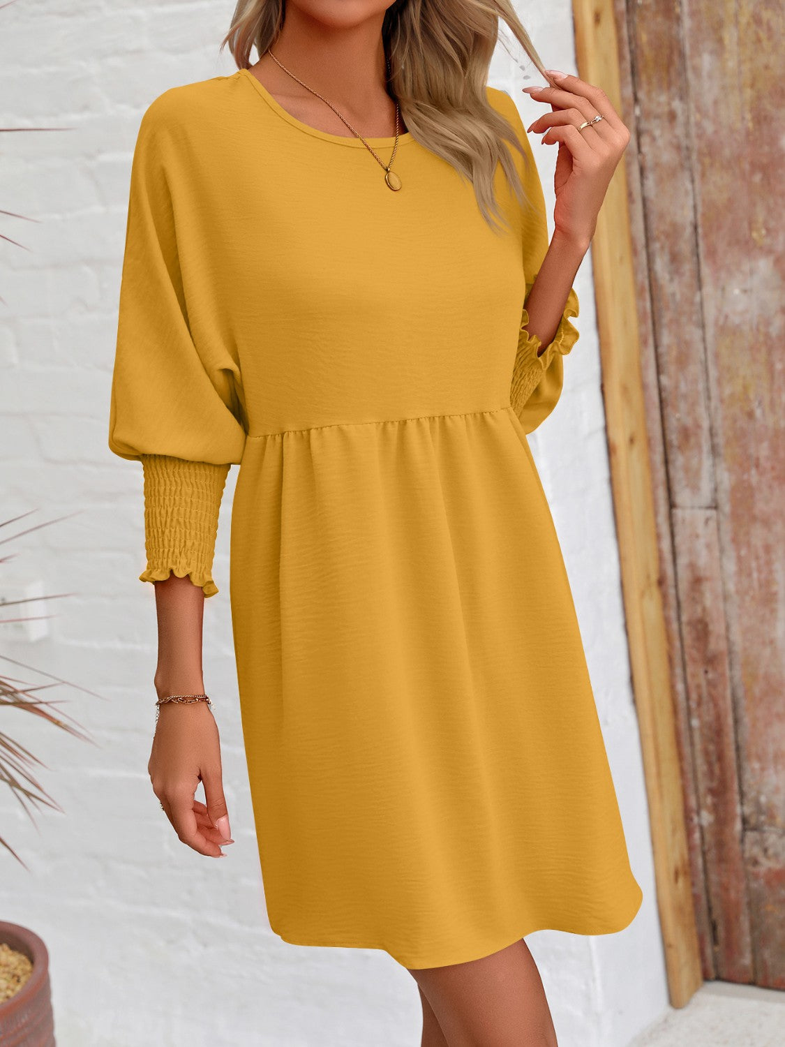 Round Neck Long Lantern Sleeve Mini Dress