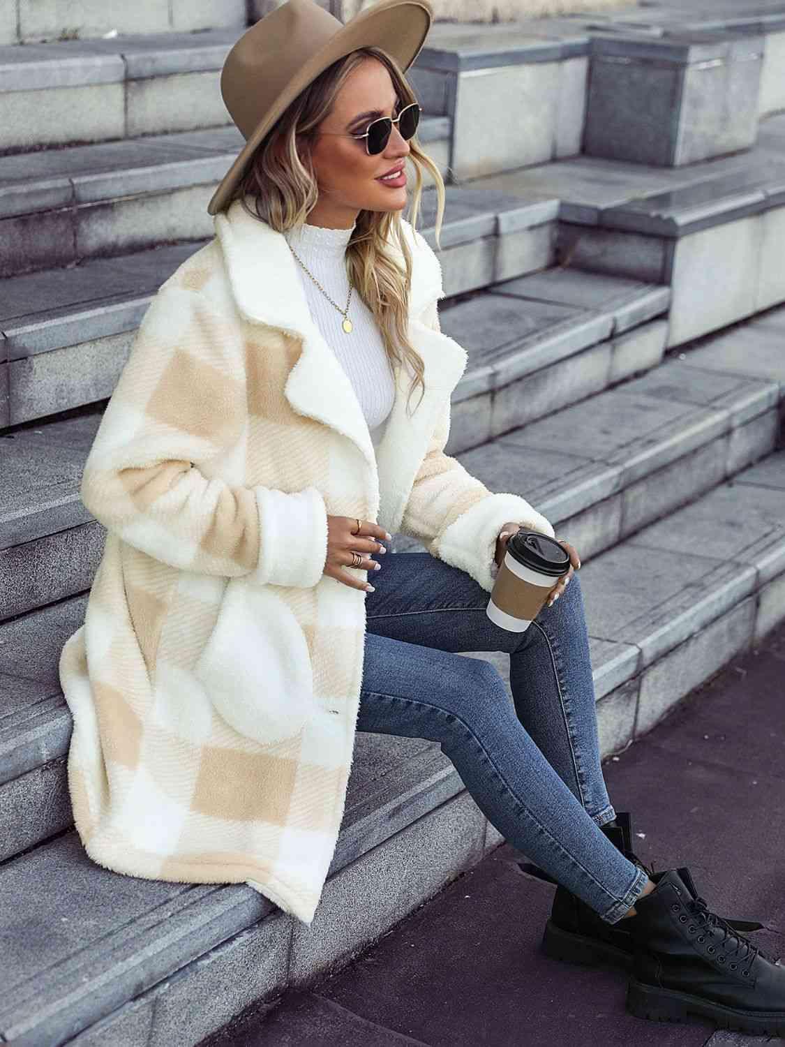 Plaid Button Down Coat with Pockets - Coat