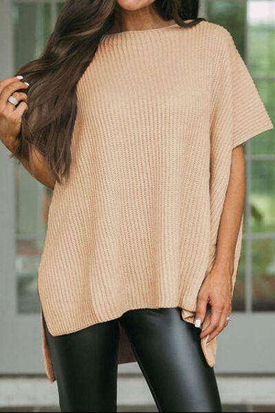 Waffle-Knit Slit Short Sleeve Sweater - Sweater