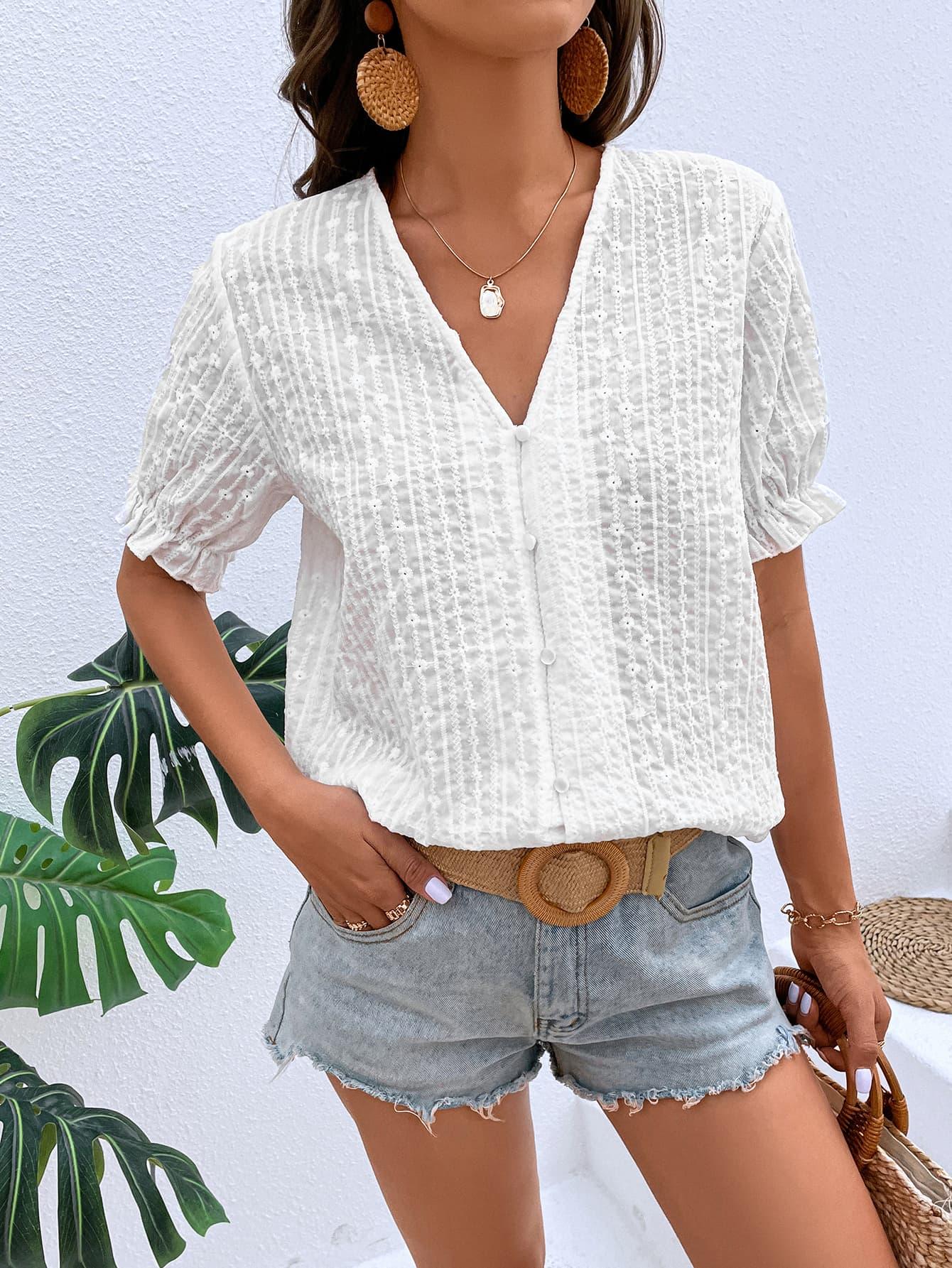 Buttoned V-Neck Peasant Sleeve Top - Top