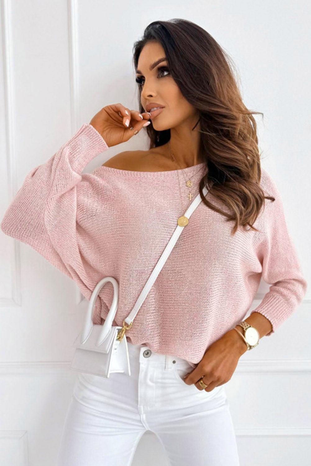 Ribbed Boat Neck Long Sleeve Sweater - Sweater