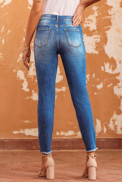 Distressed Raw Hem Skinny Jeans - Jeans