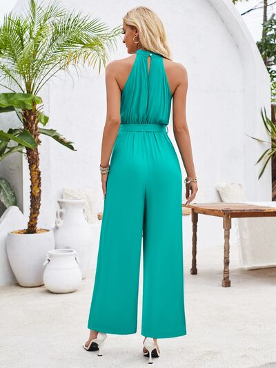 Ruched Slit Tied Sleeveless Halter Neck Jumpsuit