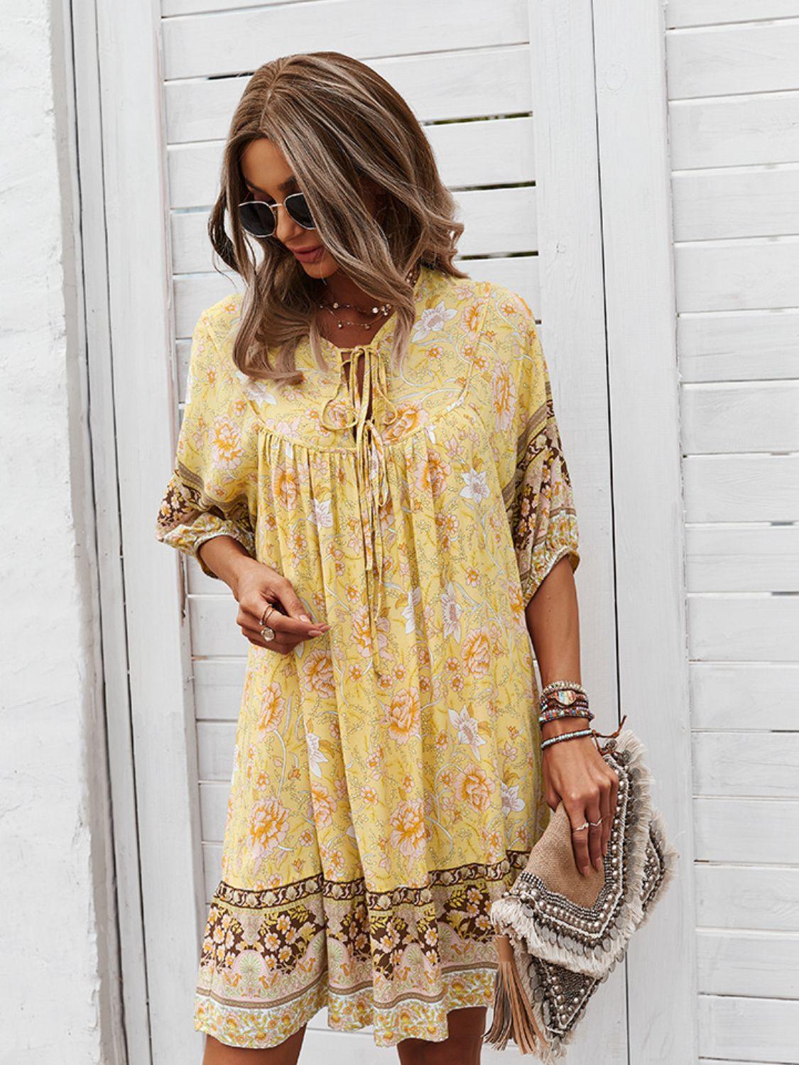 Bohemian Floral Tie Neck 3/4 Sleeve Short Tiered Dress - Dresses