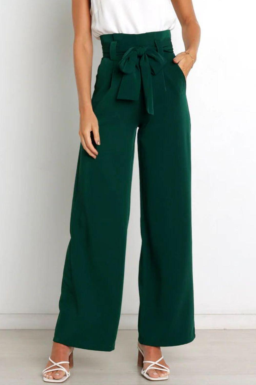 Tie Front Paperbag Wide Leg Pants - Pant