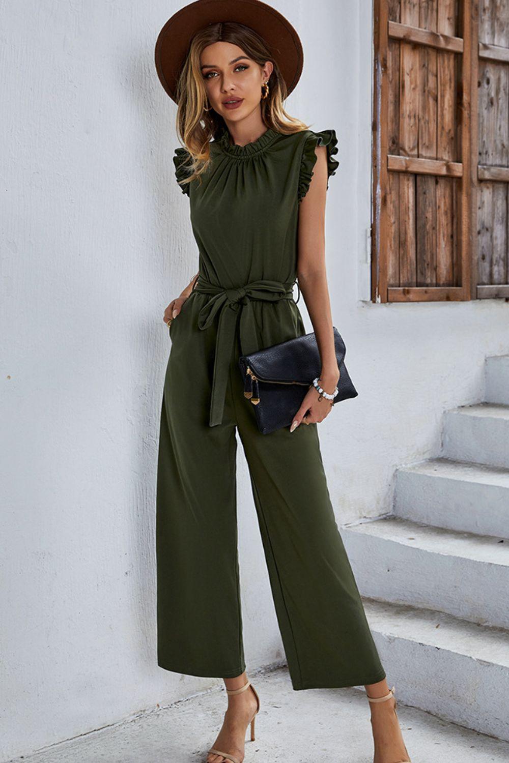 Butterfly Sleeve Tie Waist Jumpsuit - Jumpsuit