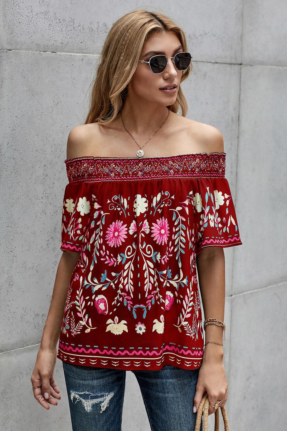 Floral Smocked Half Sleeve Off-Shoulder Top - Top