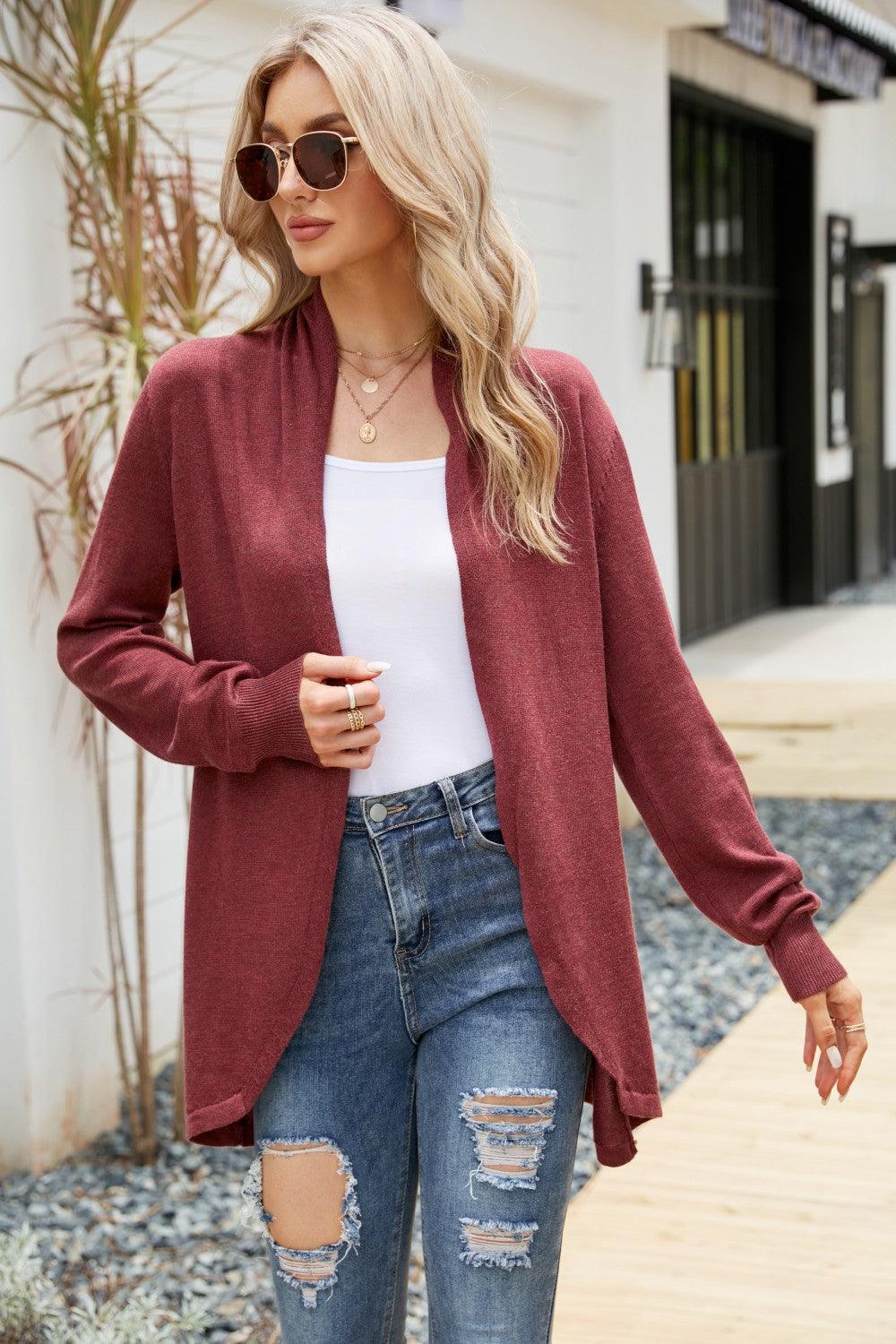 Open Front Long Sleeve Longline Cardigan - Cardigan