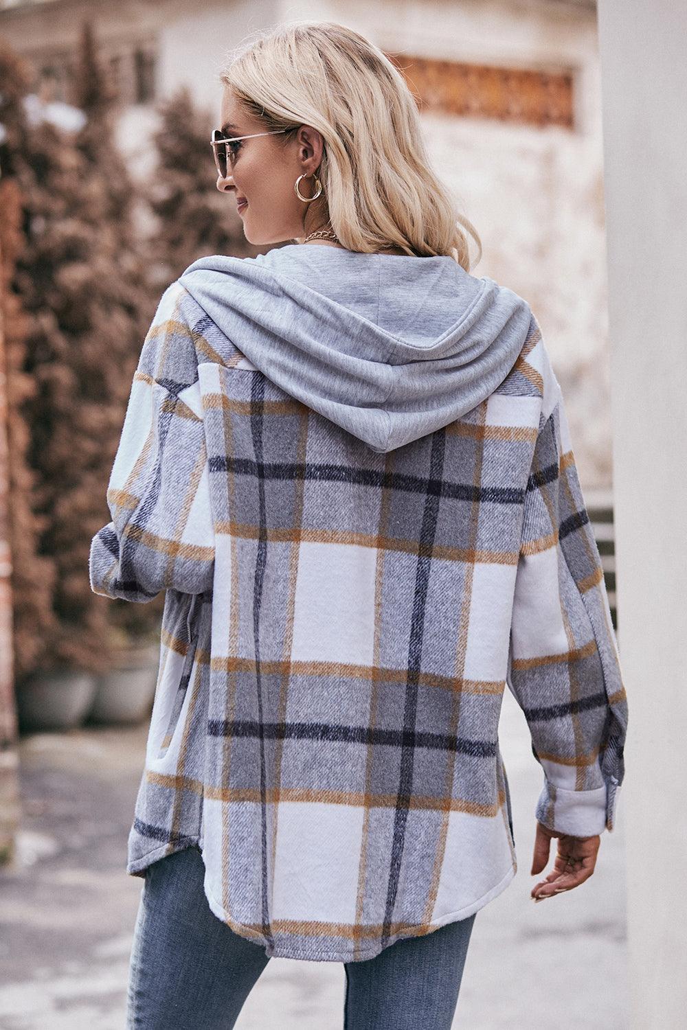 Plaid Dropped Shoulder Hooded Shacket - Jacket