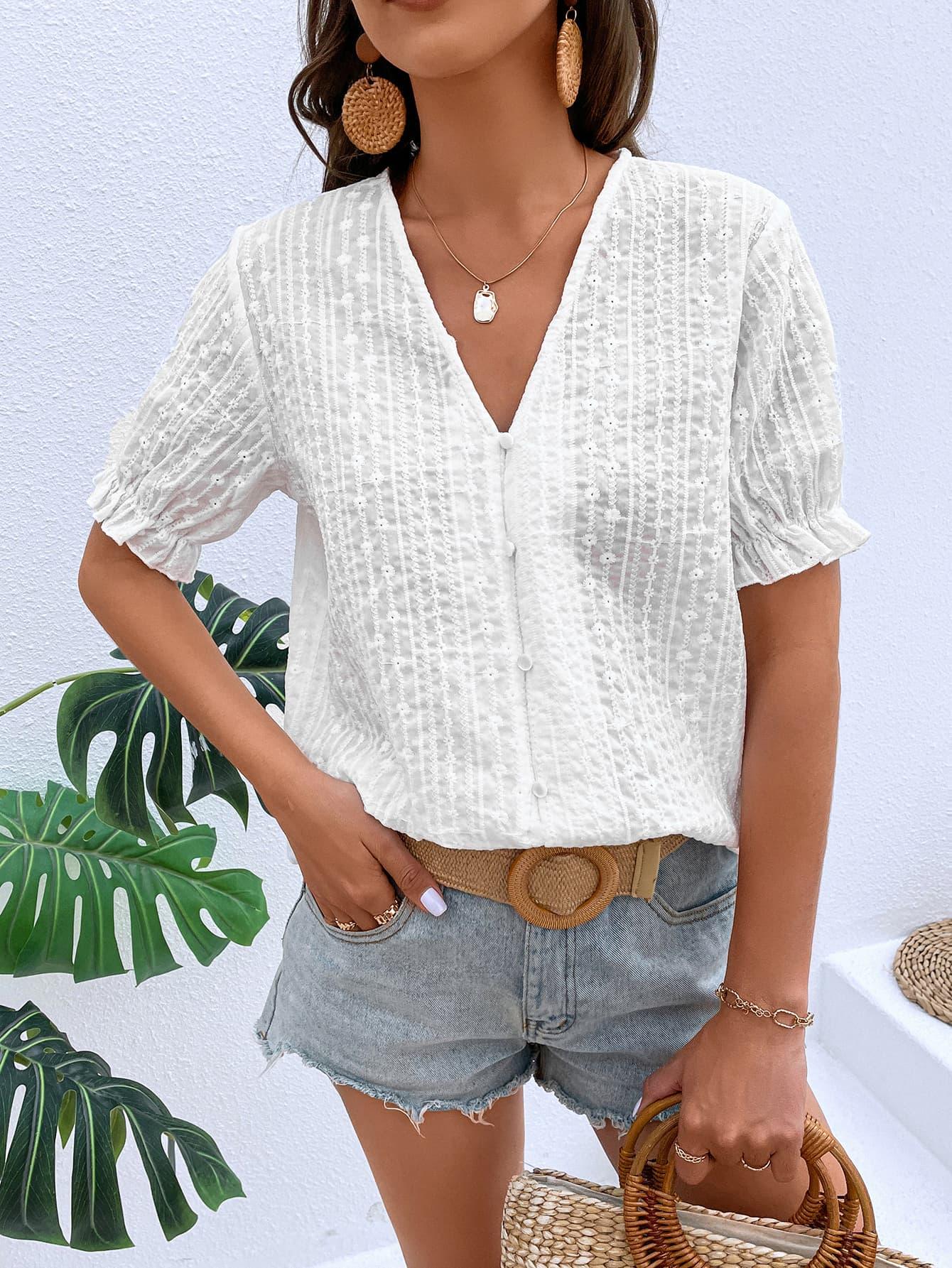 Buttoned V-Neck Peasant Sleeve Top - Top