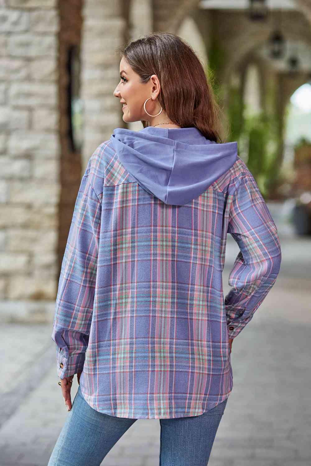 Plaid Long Sleeve Hooded Shacket - Jacket