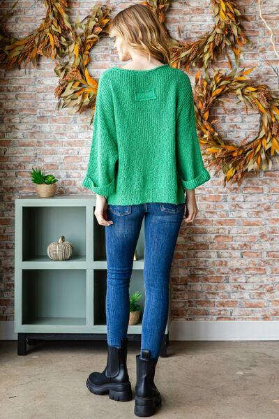 Veveret Notched Long Sleeve Sweater - Sweater