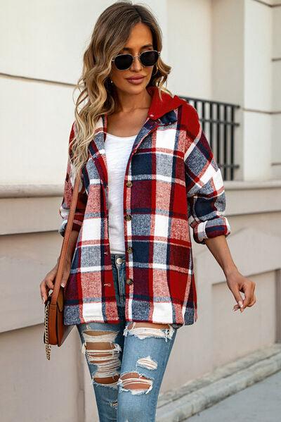 Button Up Plaid Hooded Shacket - Jacket