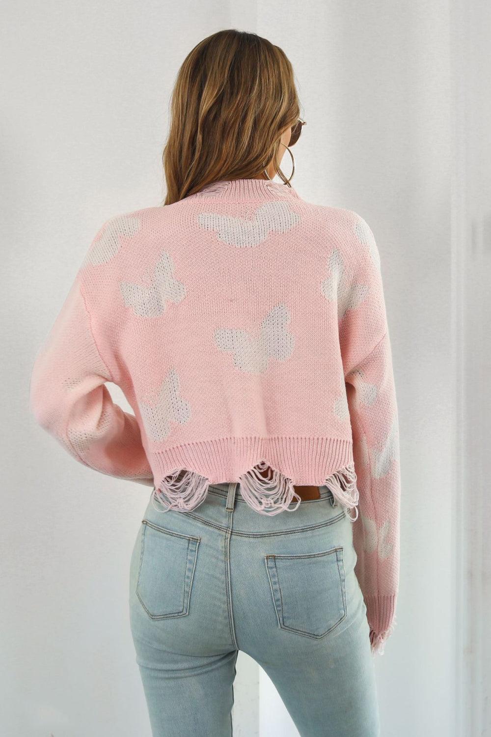 Butterfly Cropped Distressed Ribbed Sweater - Sweater