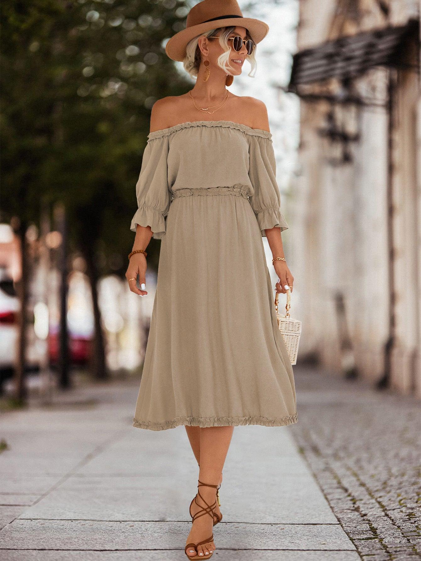 Frilled Off-Shoulder Flounce Sleeve Midi Dress - Dresses