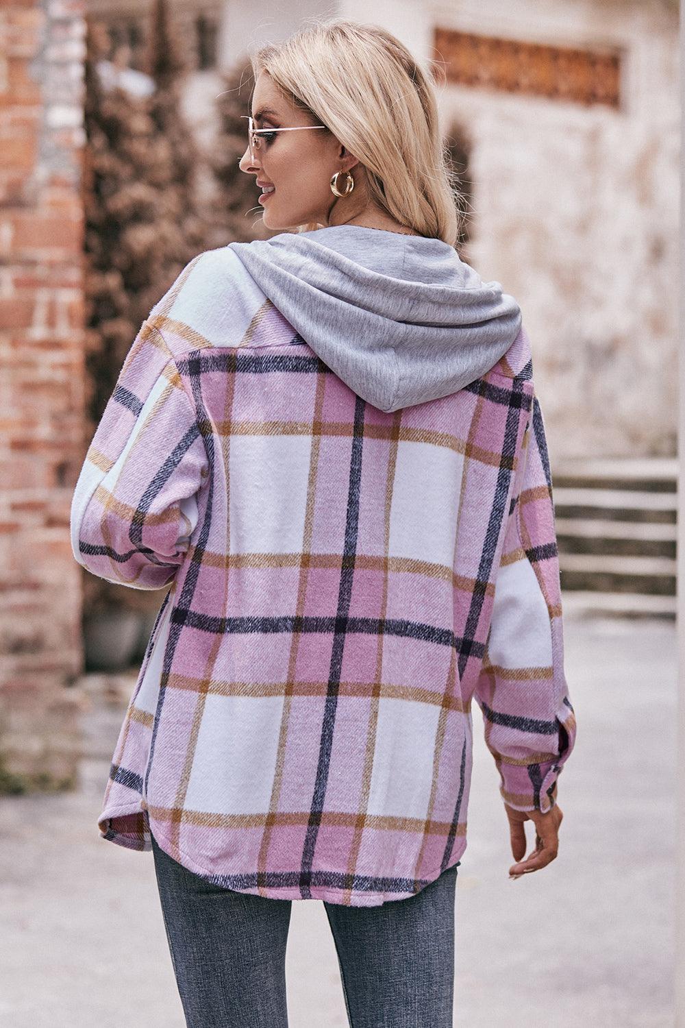 Plaid Dropped Shoulder Hooded Shacket - Jacket