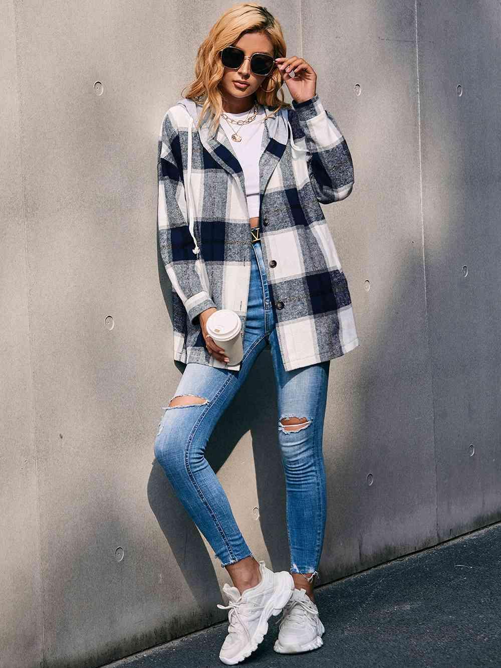 Plaid Dropped Shoulder Hooded Shacket - Jacket