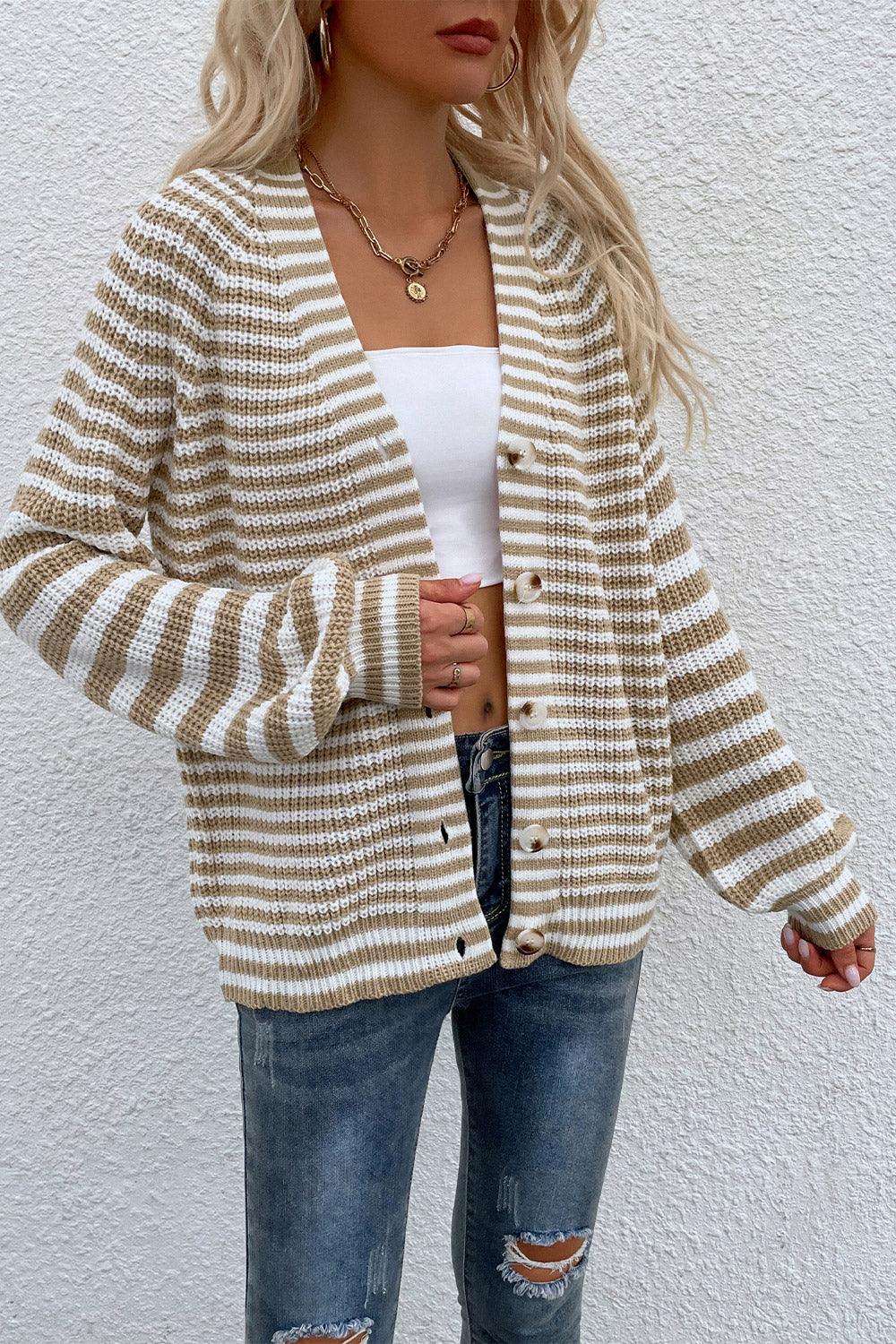 Striped V-Neck Button-Down Long Sleeve Cardigan - Cardigan