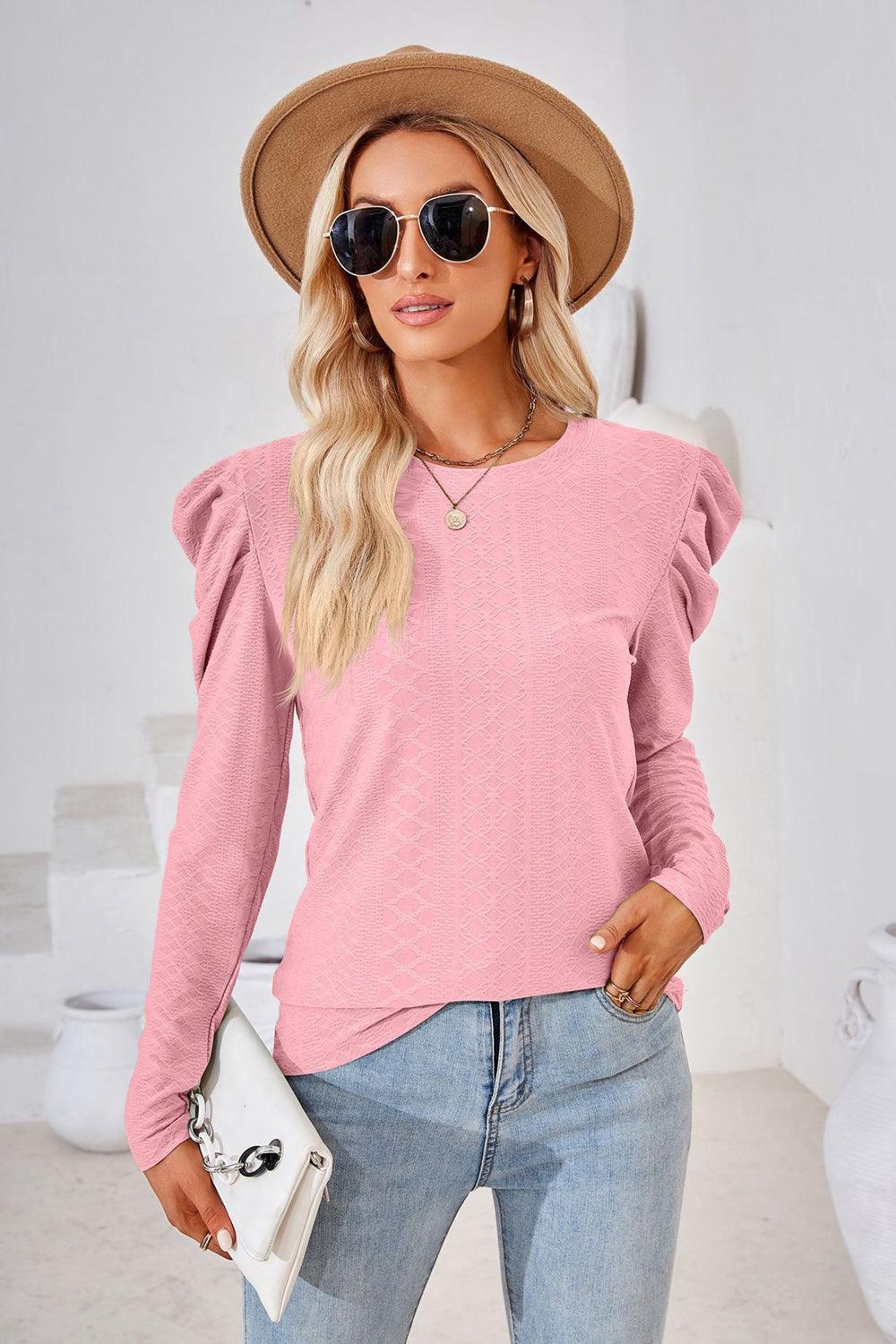 Round Neck Long Puff Sleeves Top - Top