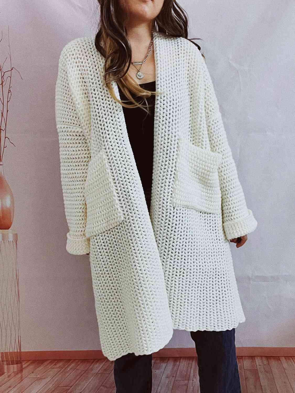 Open Front Long Sleeve Cardigan with Pockets - Cardigan