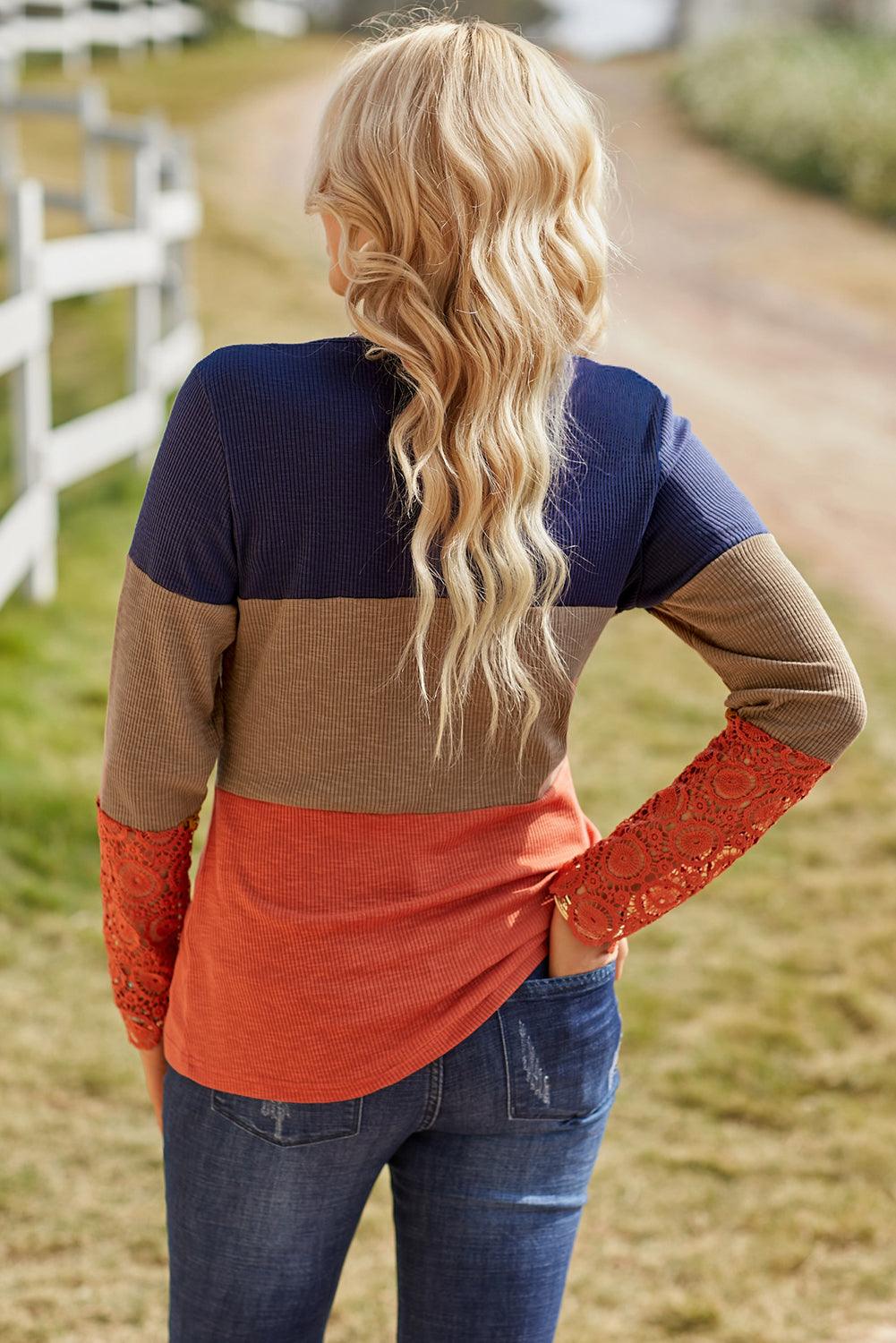 Color Block Spliced Lace Long Sleeve Ribbed Henley Top - Top