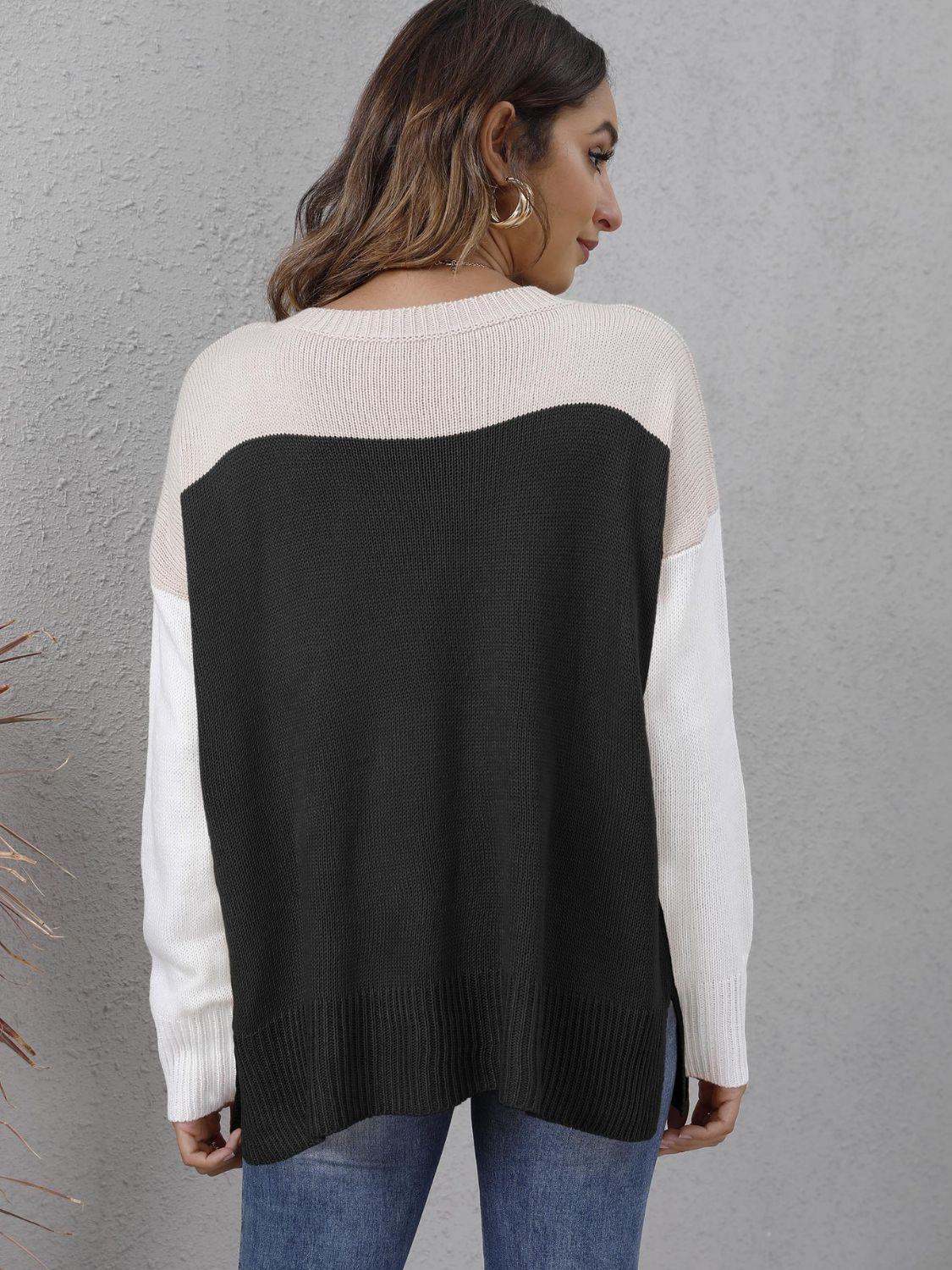 Color Block Round Neck Dropped Shoulder Sweater - Sweater