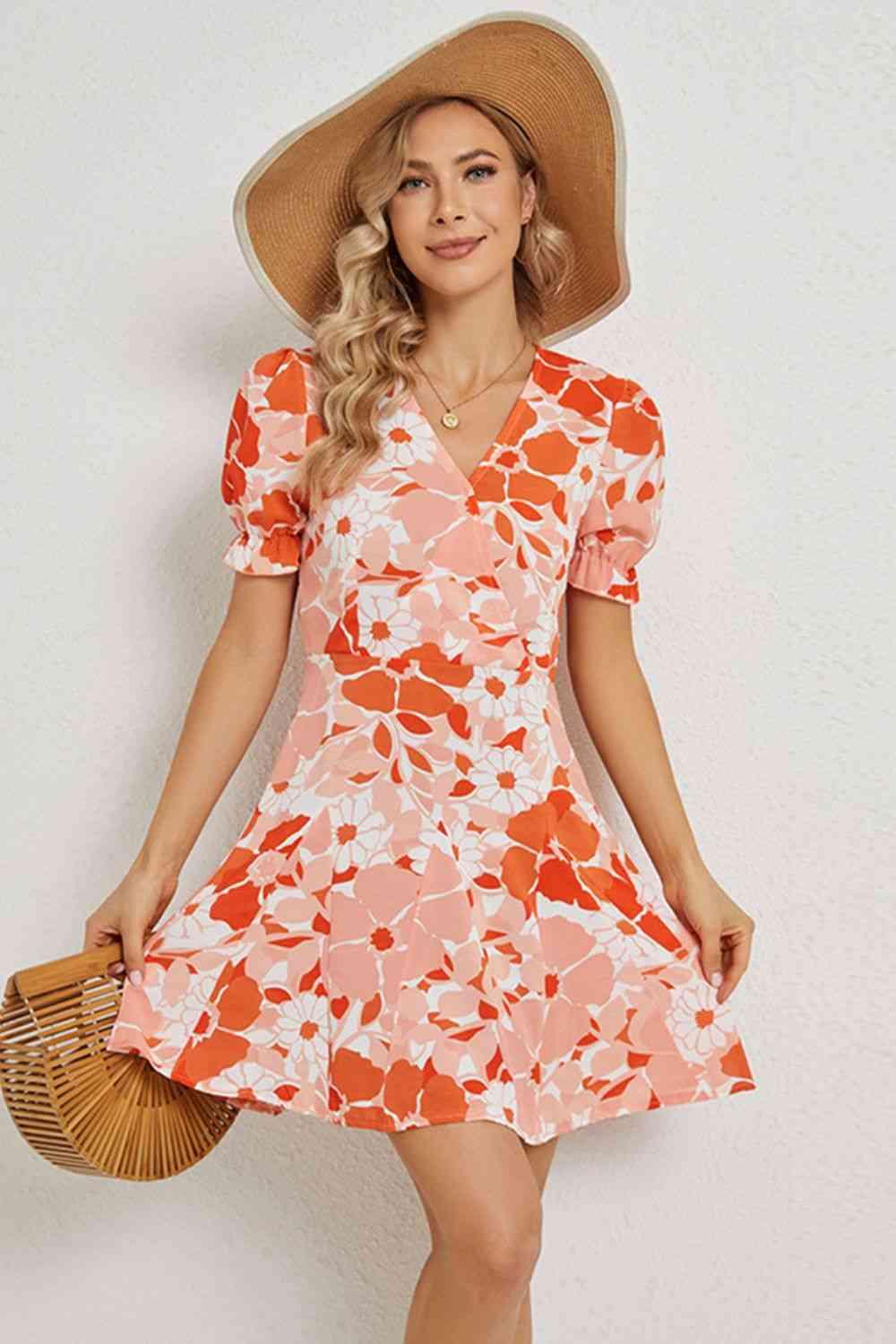 Floral Surplice Neck Flounce Sleeve Mini Dress - Dresses