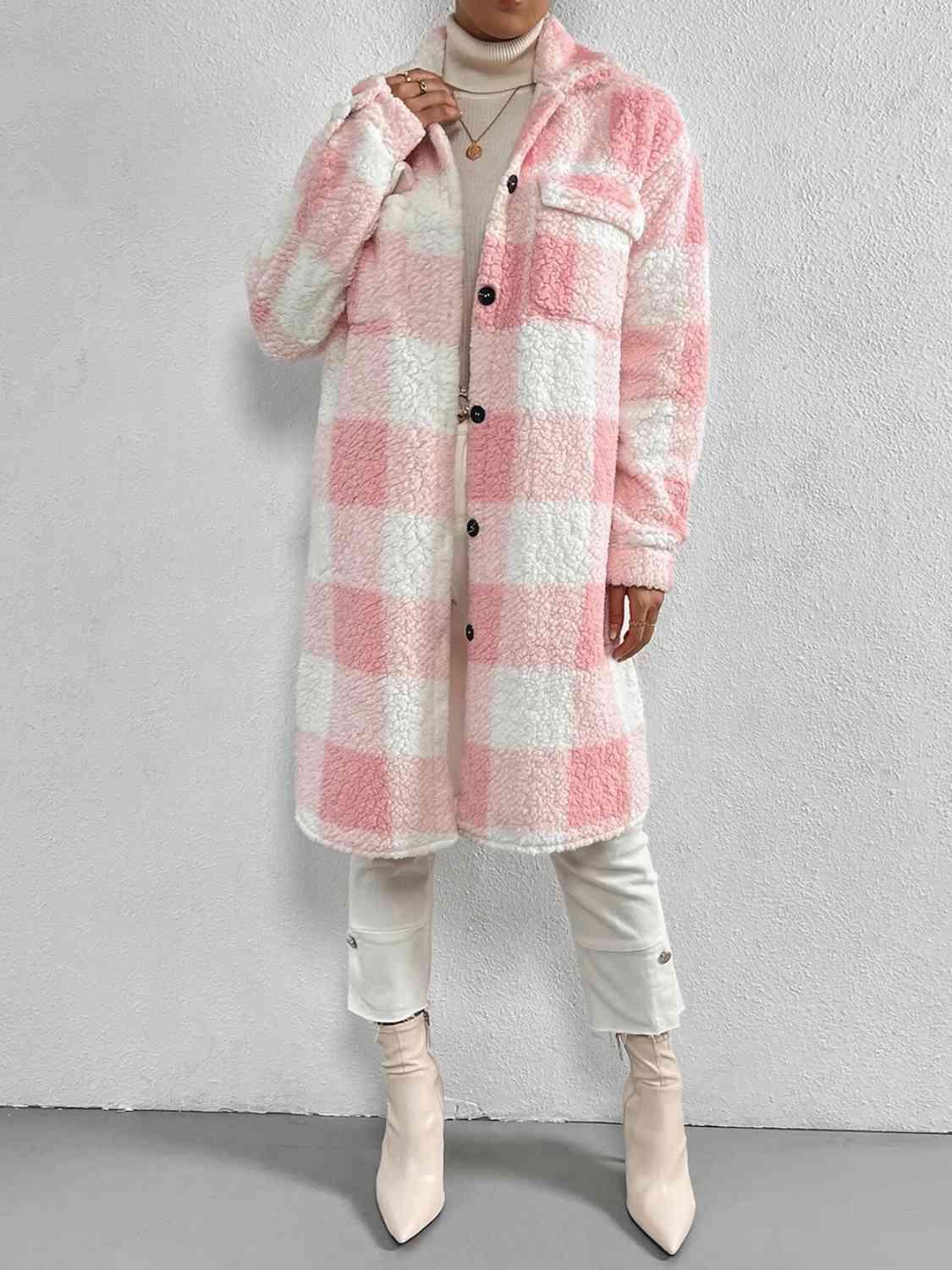 Plaid Button Down Fleece Coat - Coat