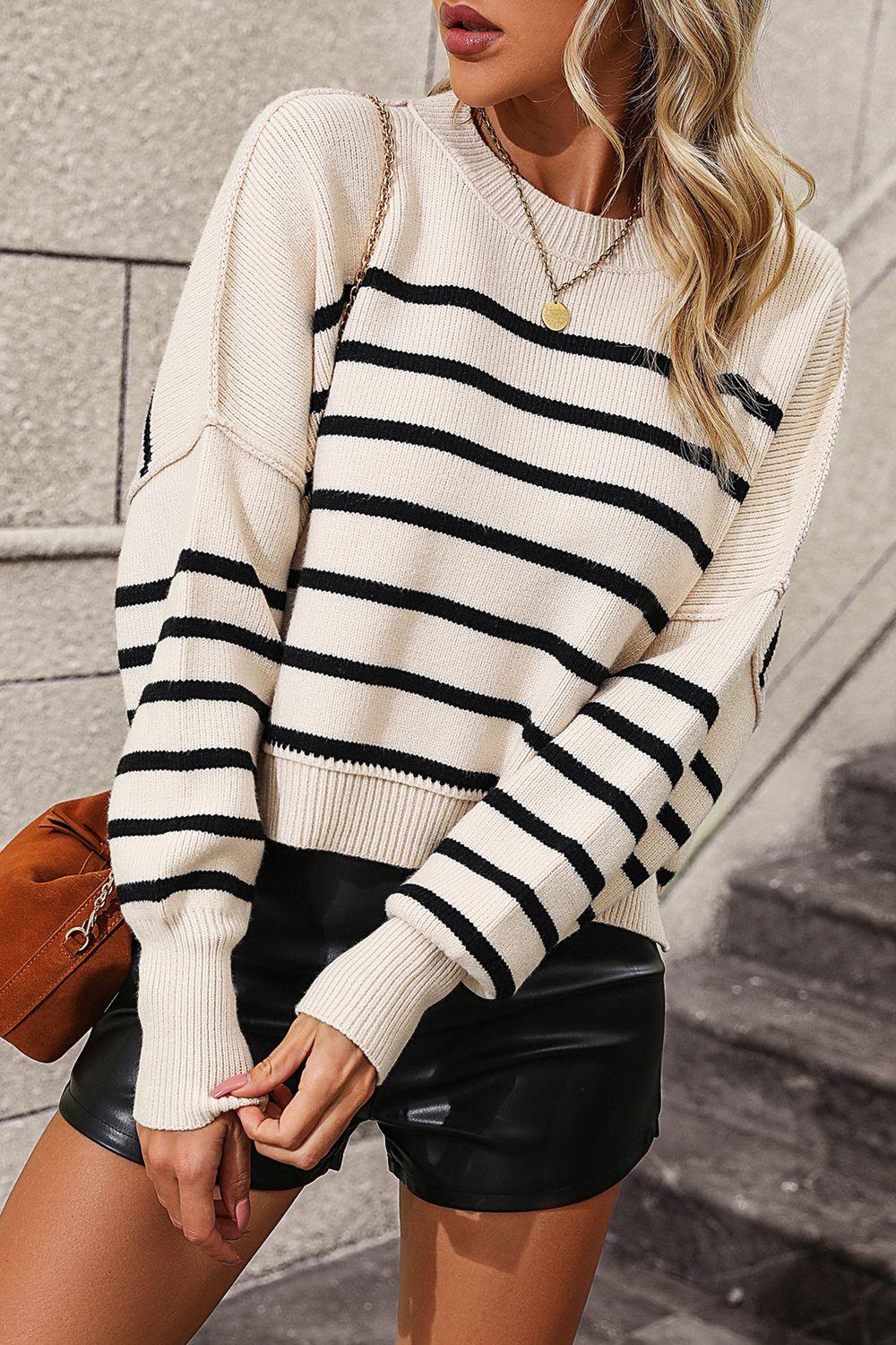 Striped Dropped Shoulder Round Neck Sweater - Sweater