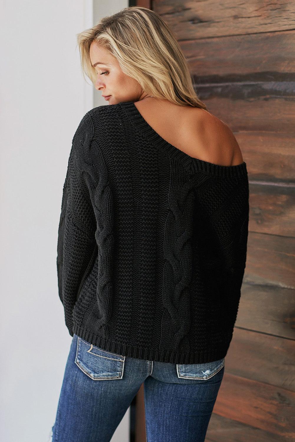 Cable Knit V-Neck Wide Sleeves Ribbed Sweater - Sweater