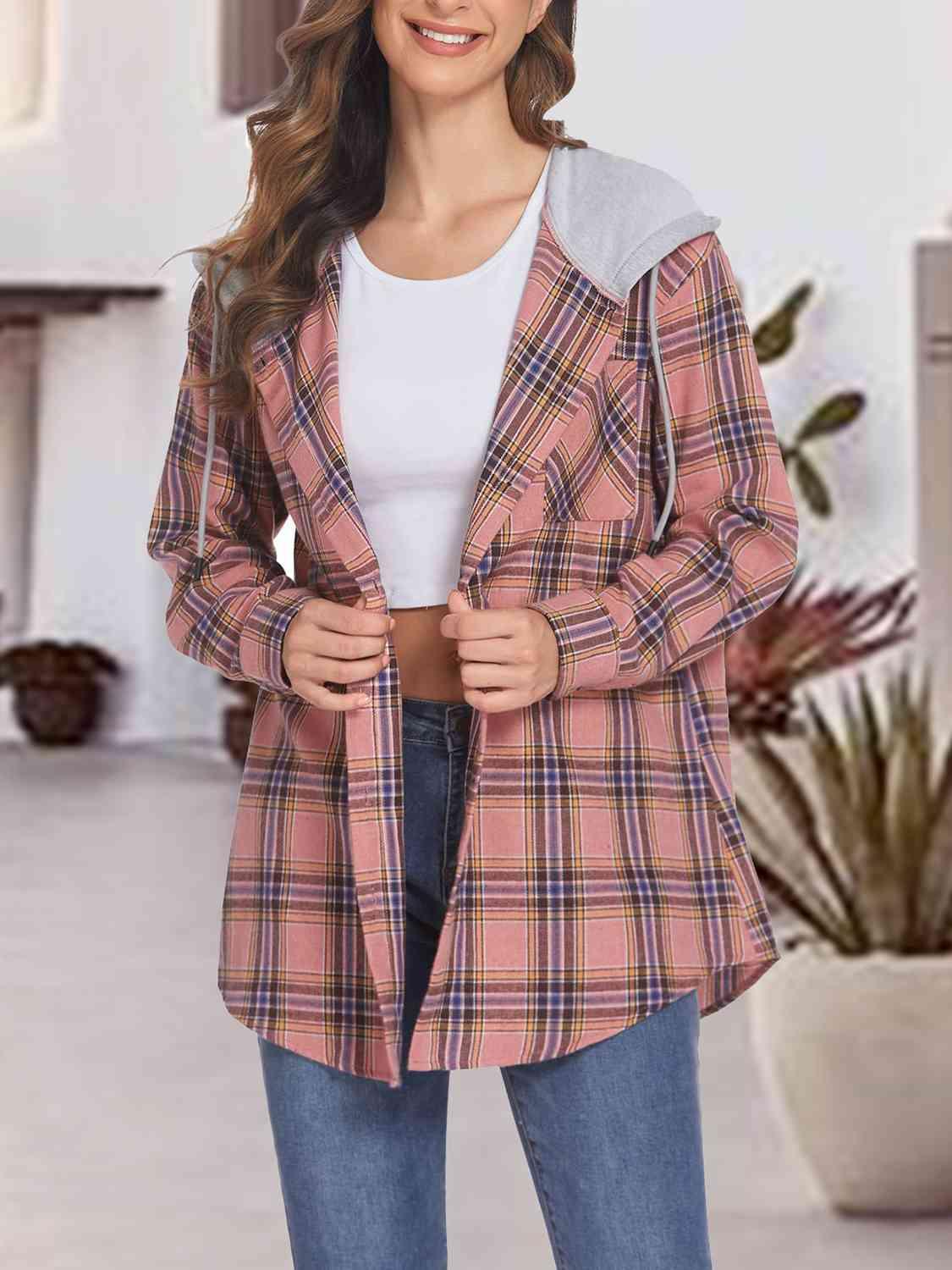 Plaid Drawstring Button Up Hooded Shacket - Jacket