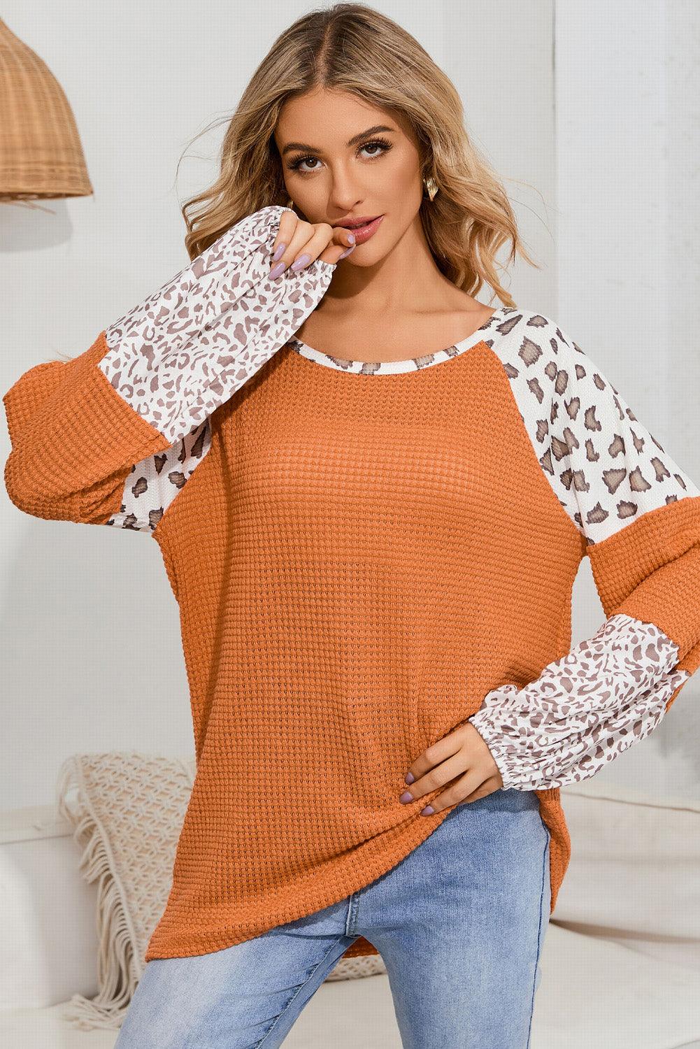 Leopard Waffle-Knit Long Sleeve Top - Top