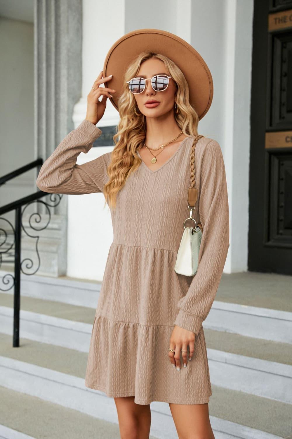 V-Neck Long Sleeve Tiered Mini Dress - Dresses