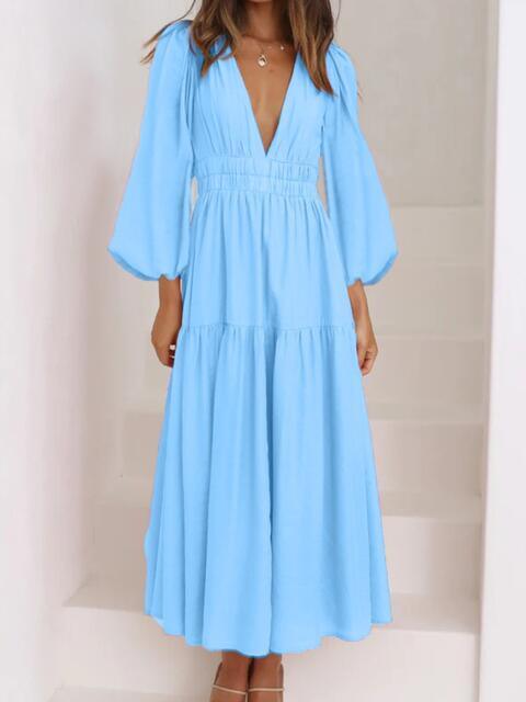 Deep V-Neck Balloon Sleeve Maxi Dress - Dresses