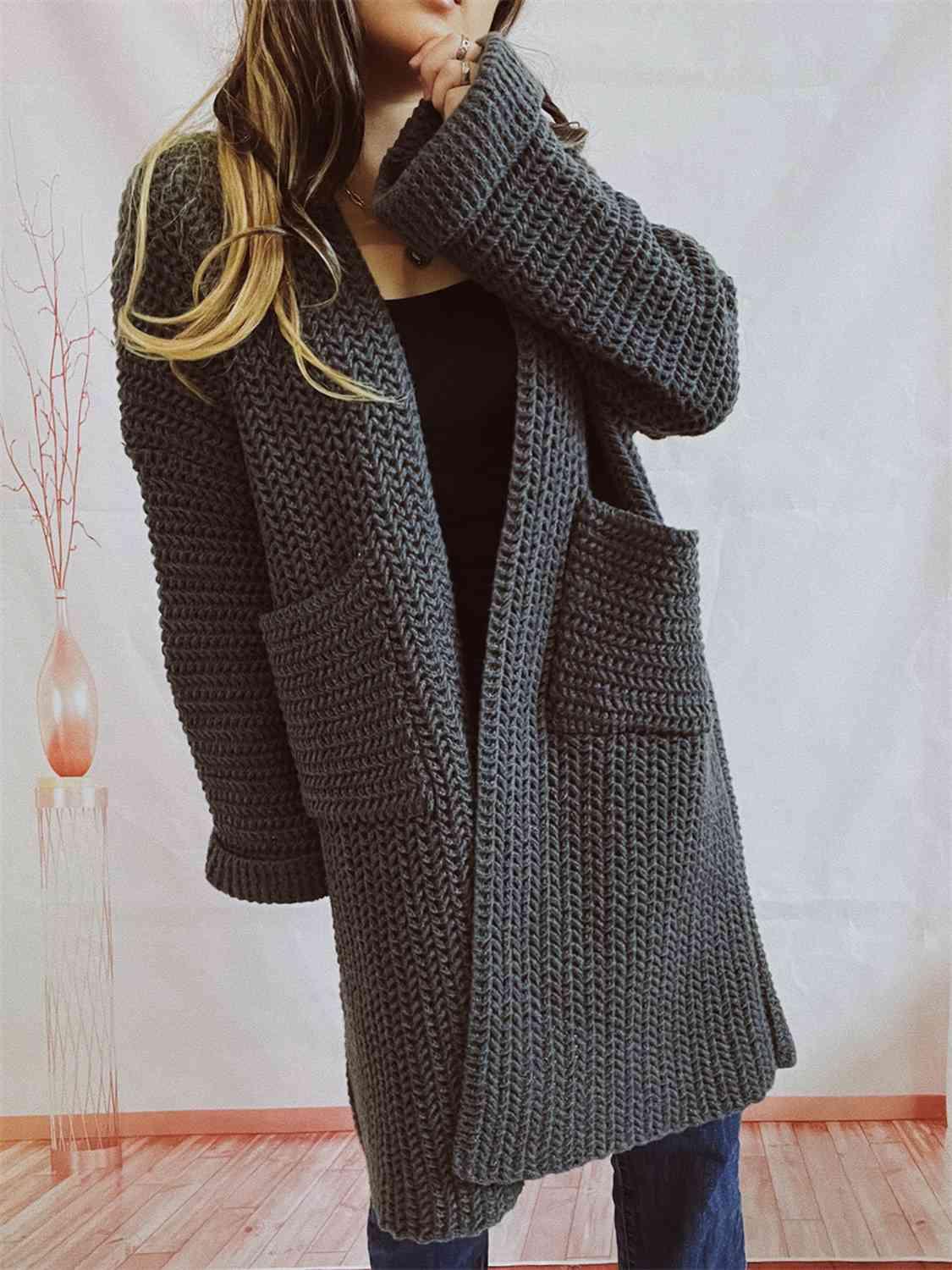 Open Front Long Sleeve Cardigan with Pockets - Cardigan