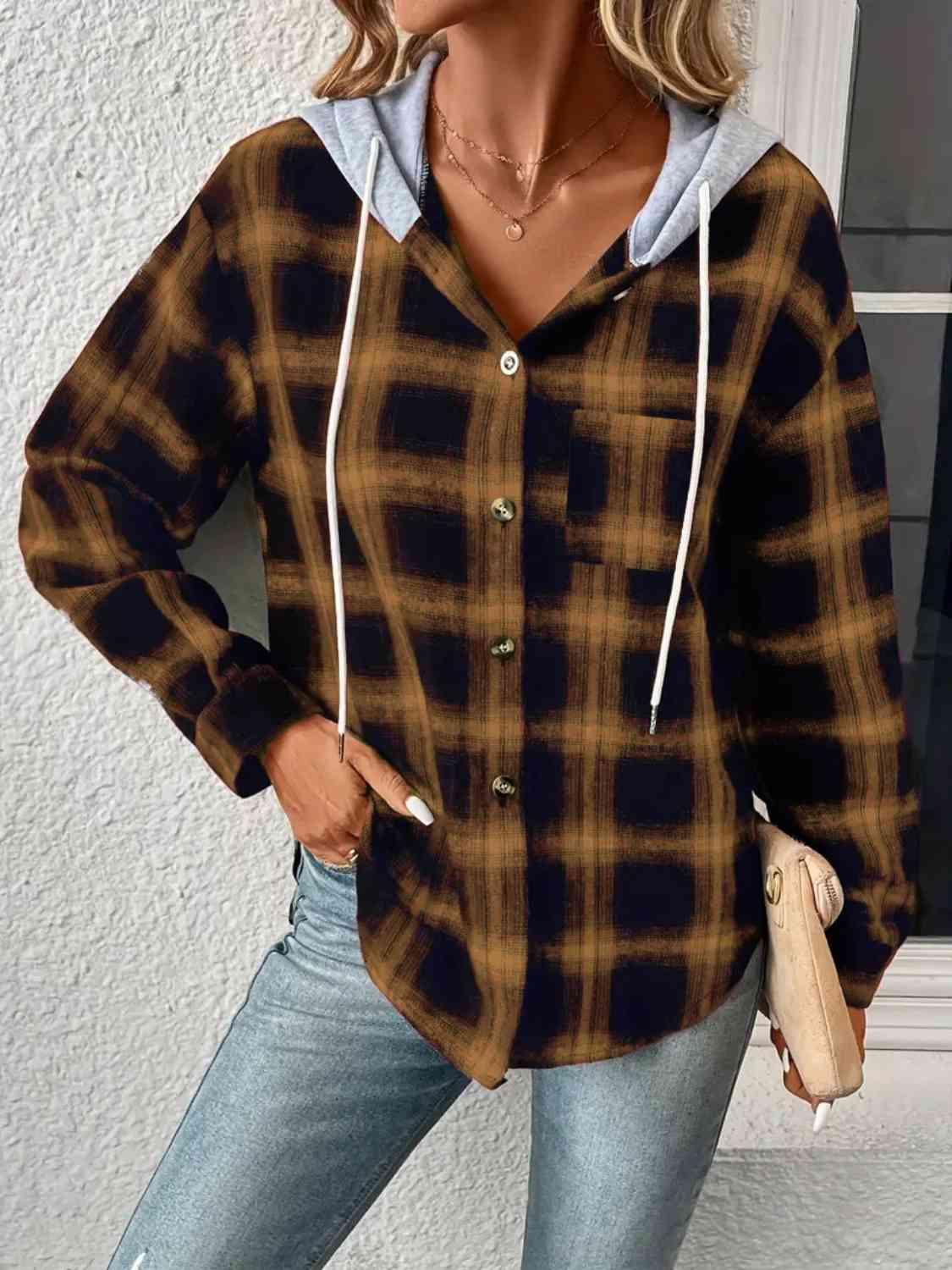 Plaid Drawstring Button Up Hooded Shacket - Jacket