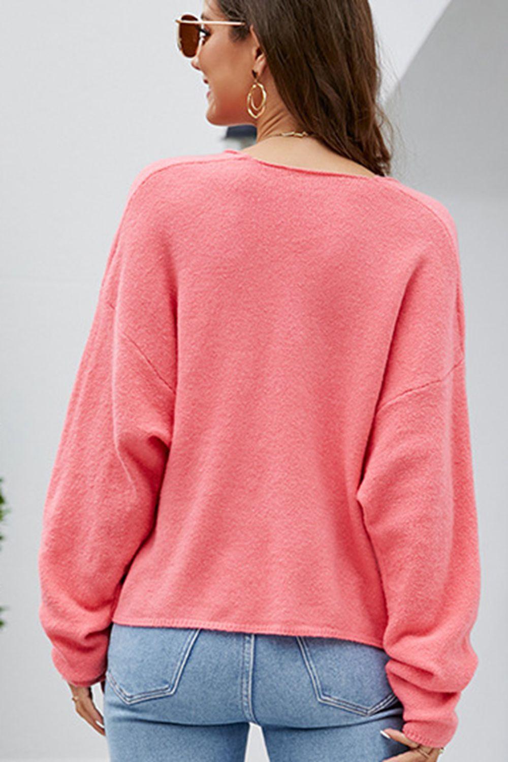 V-Neck Center Seam Drop Shoulder Sweater - Sweater