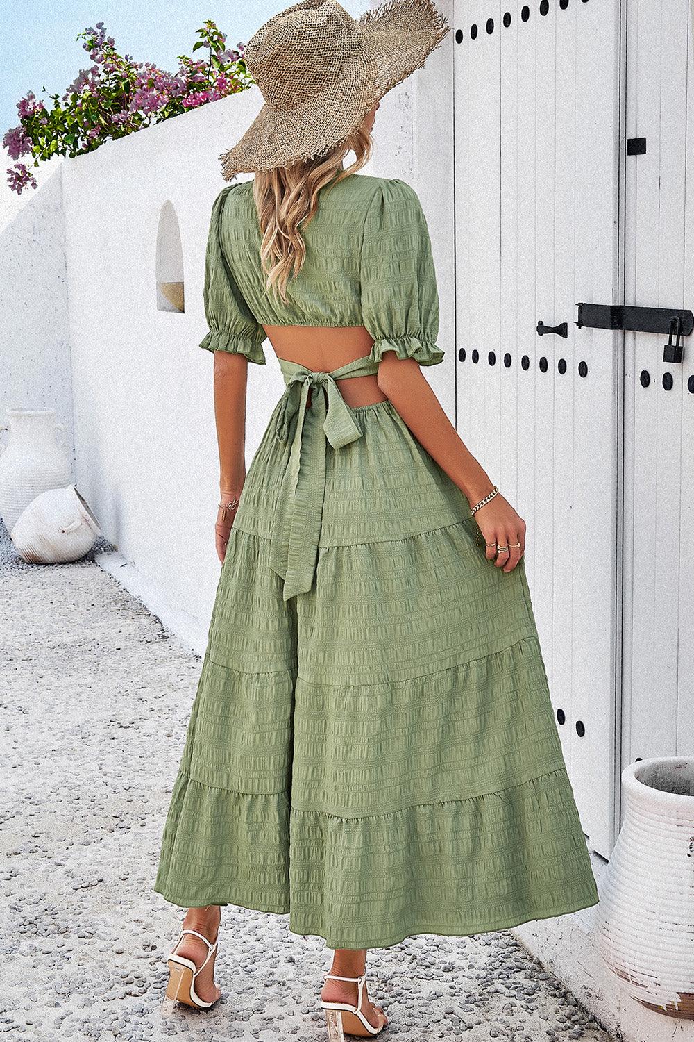 Tie Back Short Sleeve Tiered Midi Dress - Dresses