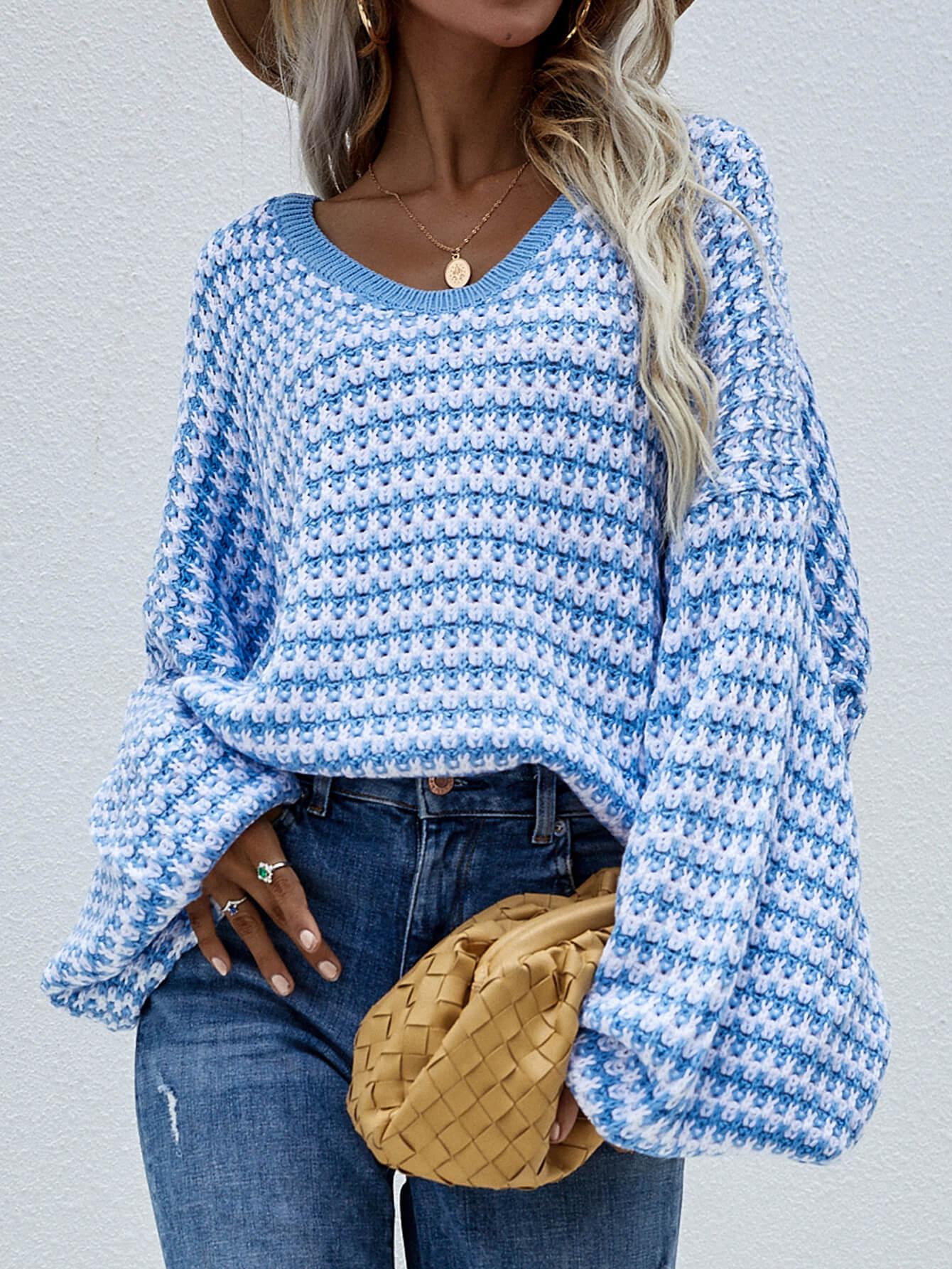 Striped Drop Shoulder V-Neck Pullover Sweater - Sweater