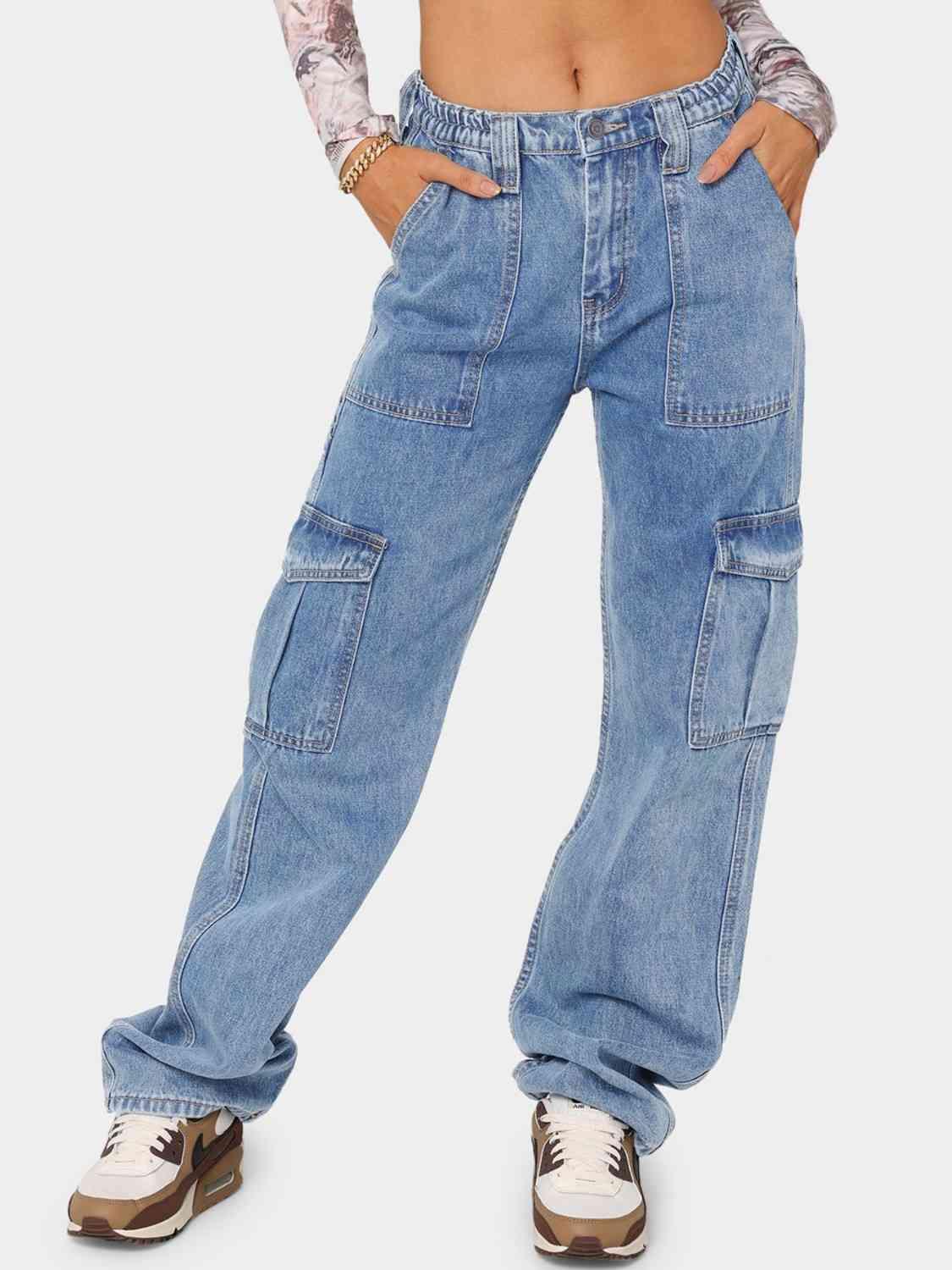 Straight Leg High Rise Cargo Jeans - Jeans