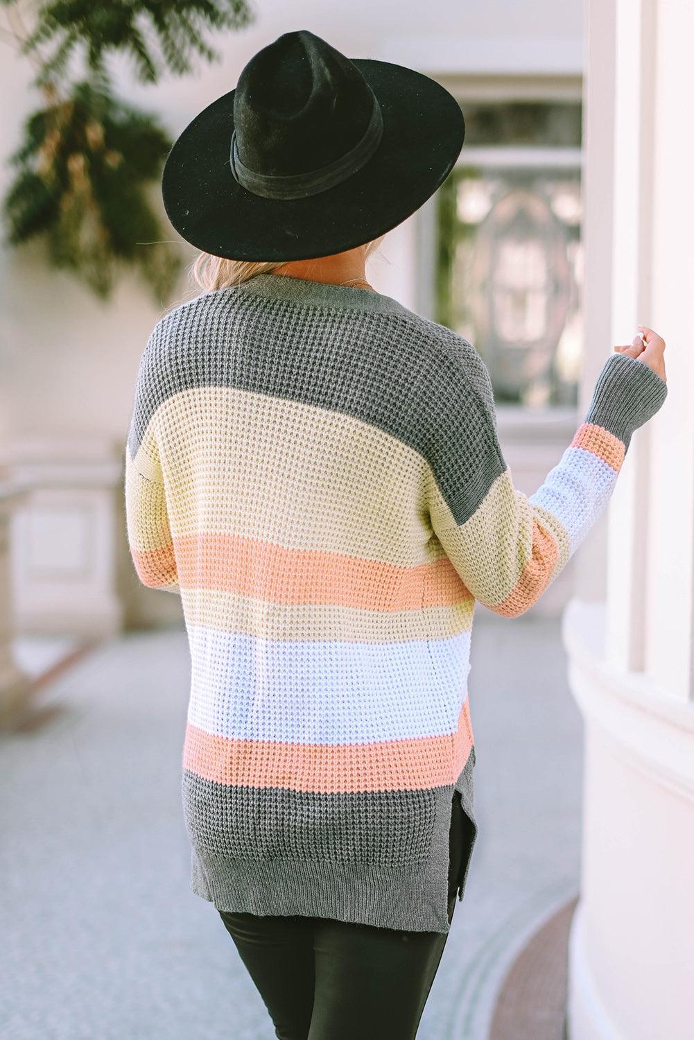 Color Block Open Front Slit Waffle-Kit Cardigan - Cardigan