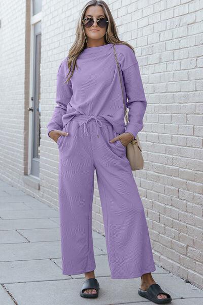 Double Take Textured Top and Wide Legs Pants Set - Pant & Top