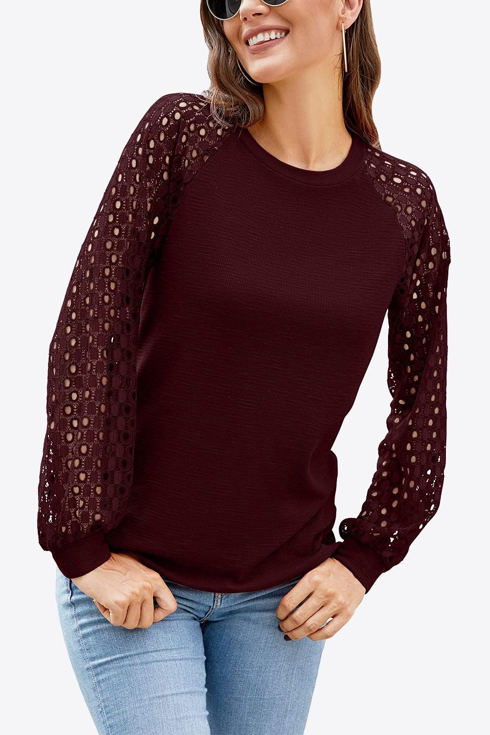 Eyelet Long Raglan Sleeve Round Neck Tee - Top