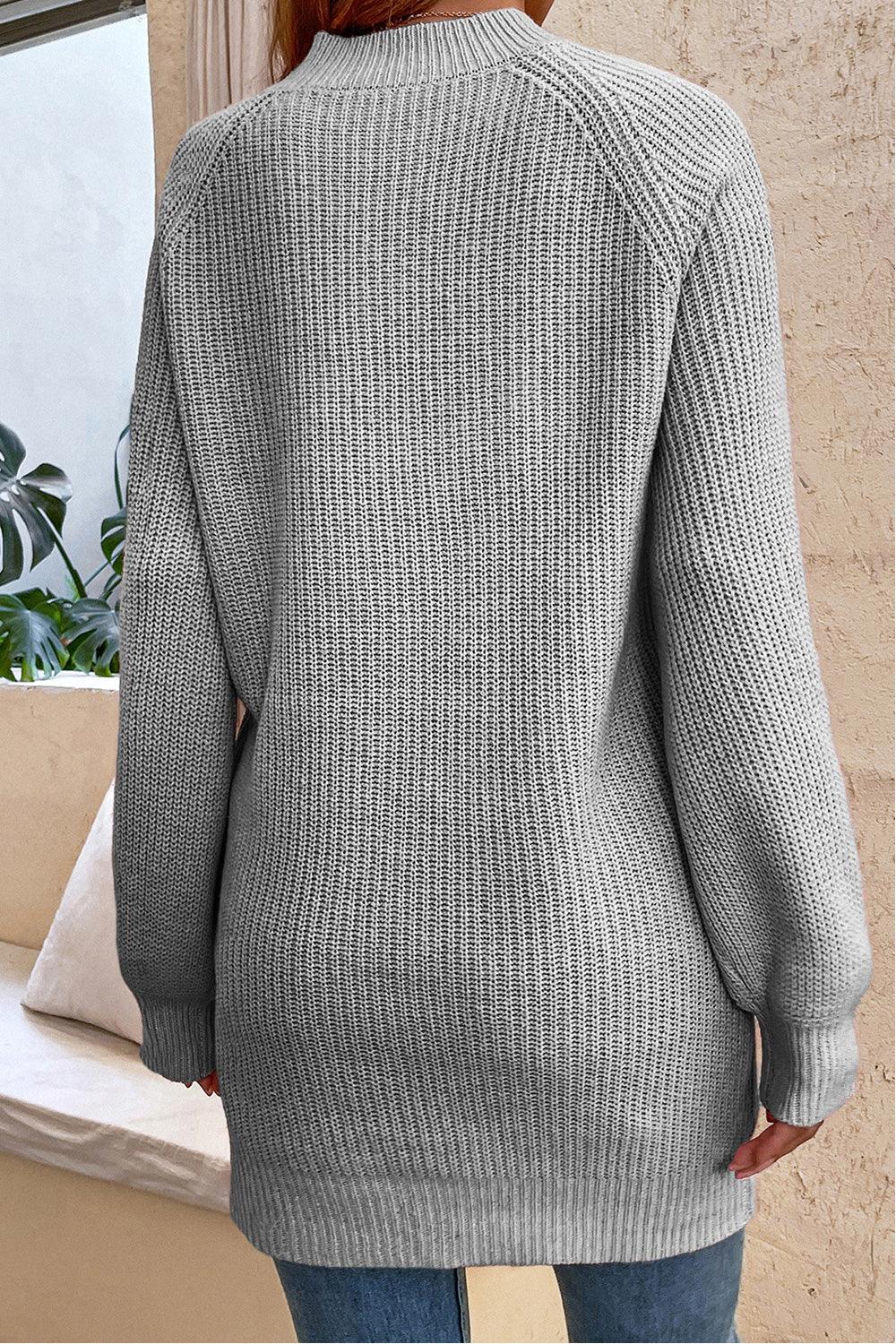 Round Neck Button Detail Ribbed Long Sweater - Sweater