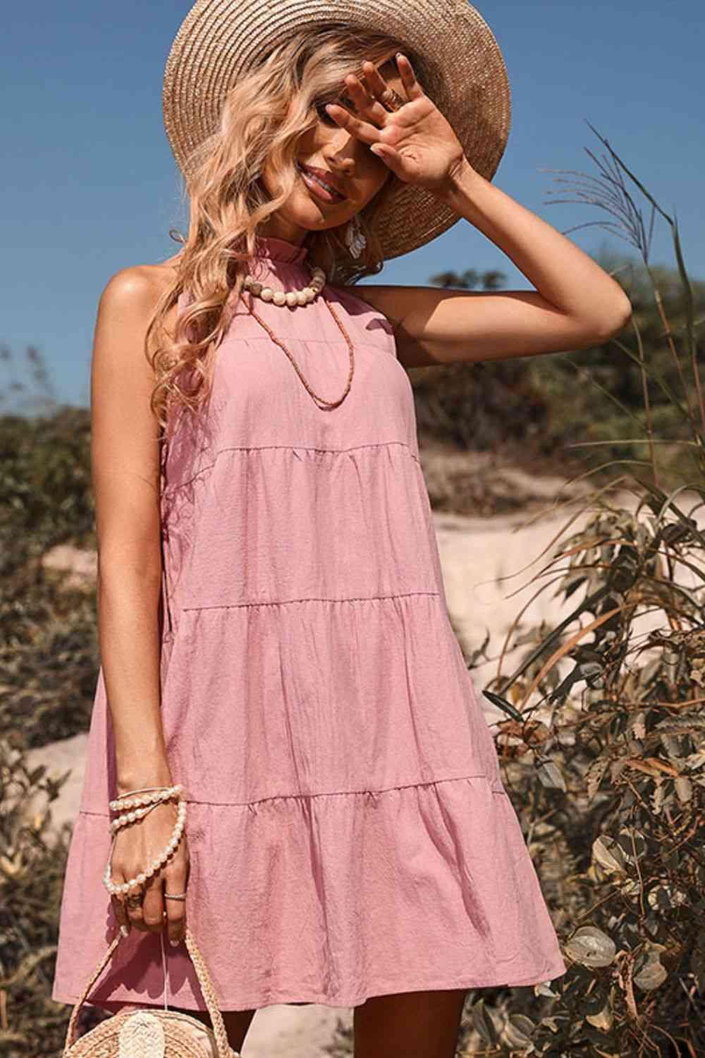 Tie Back Sleeveless Tiered Mini Dress - Dresses