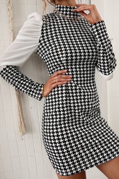 Houndstooth Mock Neck Puff Sleeve Mini Dress