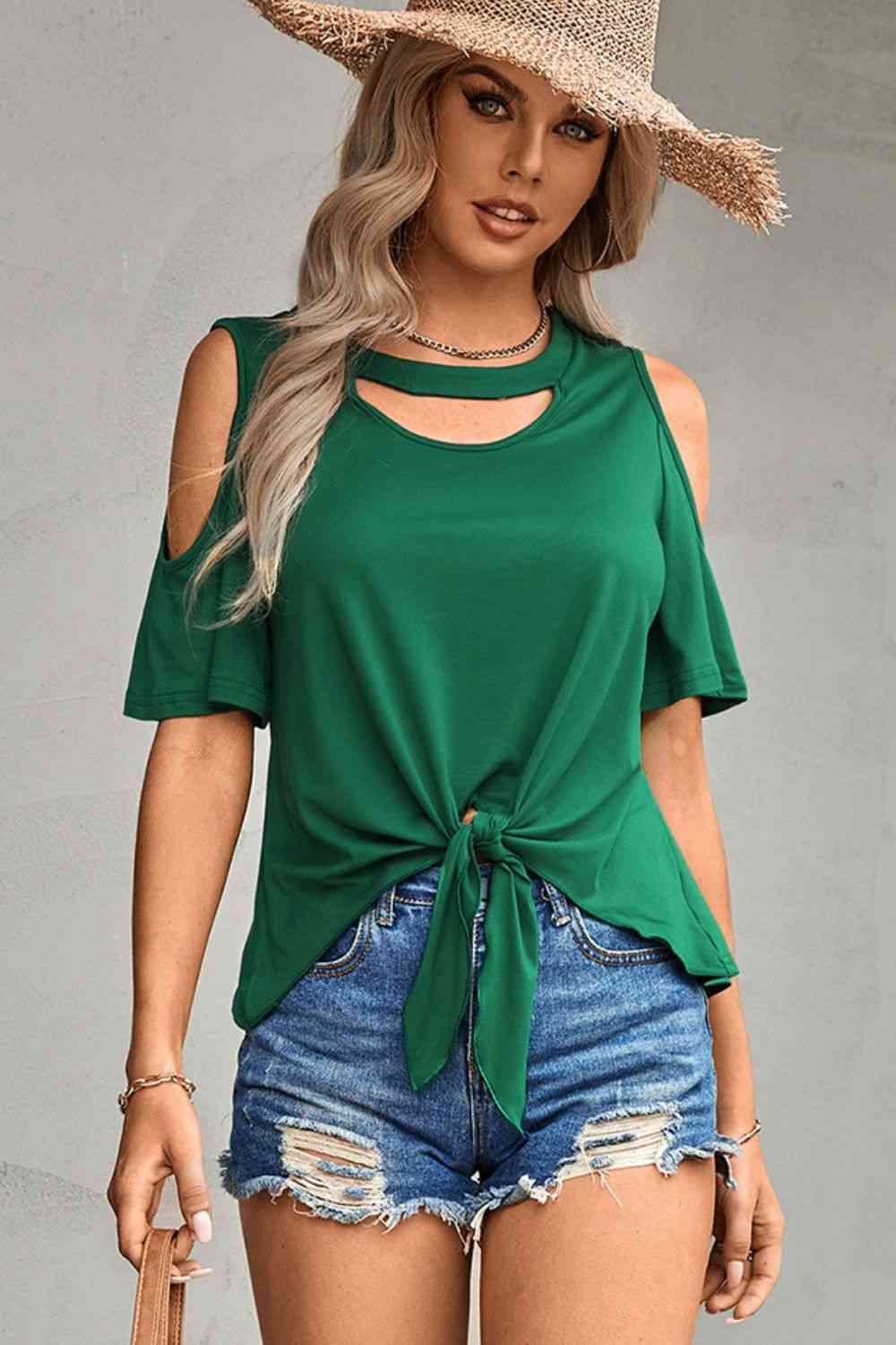 Tied Cutout Cold-Shoulder Top - Top