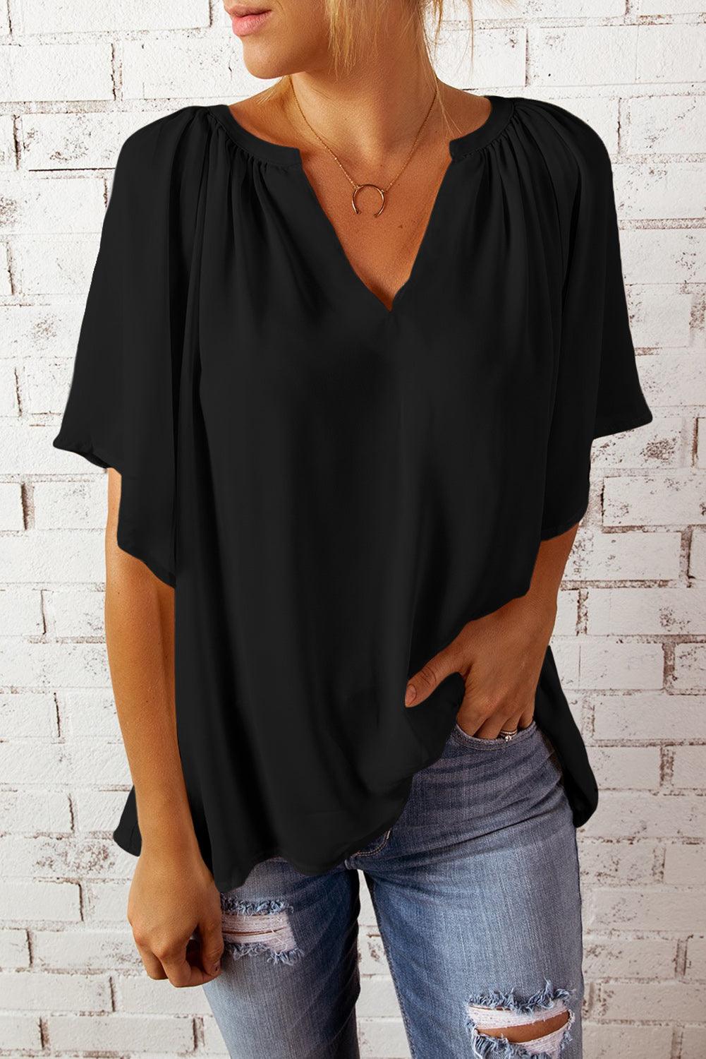 Gathered Detail Notched Neck Flutter Sleeve Blouse - Blouse