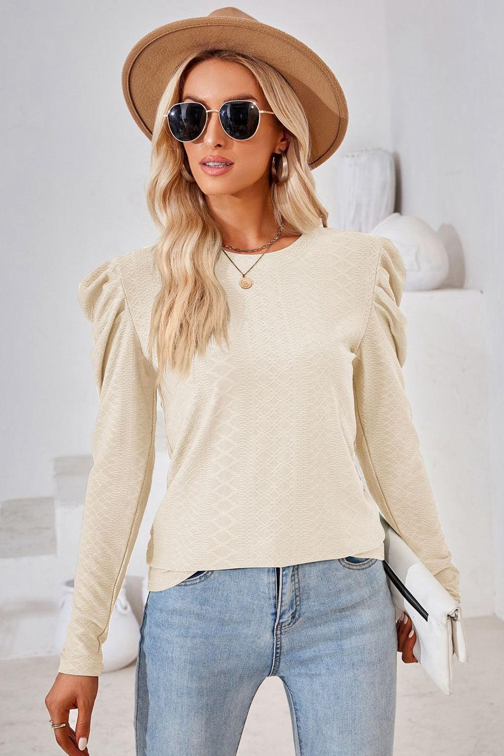 Round Neck Long Puff Sleeves Top - Top