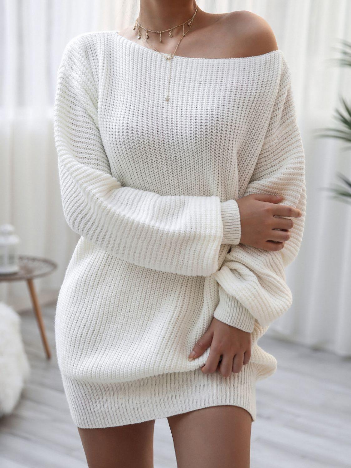 Rib-Knit Balloon Sleeve Boat Neck Sweater Dress - Dresses